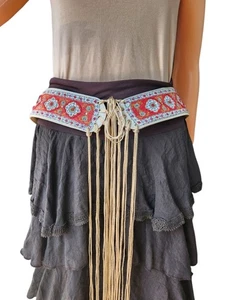Oscar De La Renta Boho Beaded Embroidered Wrap Leather Belt Silk Cord Tassel - Picture 1 of 23