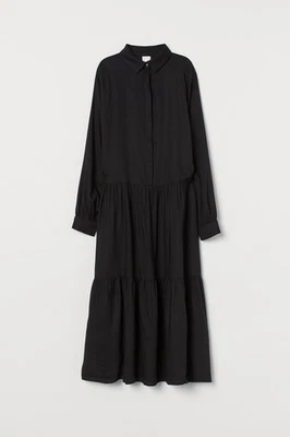 H&M Black Collared Long Midi Maxi Shirt Dress Minimalist Modest Viscose Tiered L - Image 1 of 4