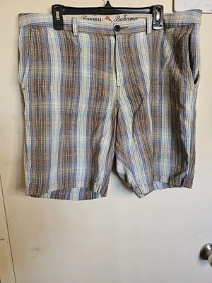 Pantalones Cortos Tommy Bahama Talla 38 Mezcla de Lino a Cuadros Azul Marrón Resort Vacay Foto 1 de 4