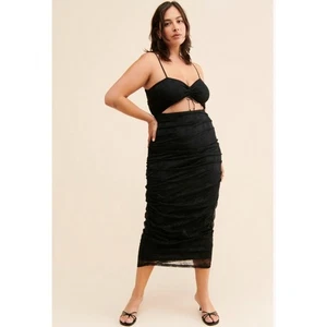 For Love & Lemons Poison Ruched Black Dress Size 1X NWT Stretch Jacquard Lace - Picture 1 of 15