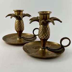 Brass Candleholders Pineapple Set Of 2 Vintage Taper Chambersticks READ - Picture 1 of 19