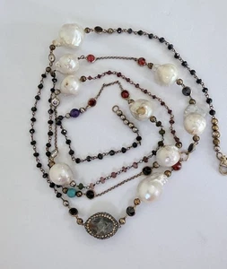 Vintage Sterling Silver Baroque Pearl Multi Stone Station Long Layered Necklace - Picture 1 of 21