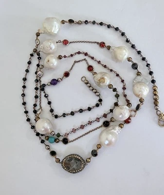 Vintage Sterling Silver Baroque Pearl Multi Stone Station Long Layered Necklace - Image 1 of 4
