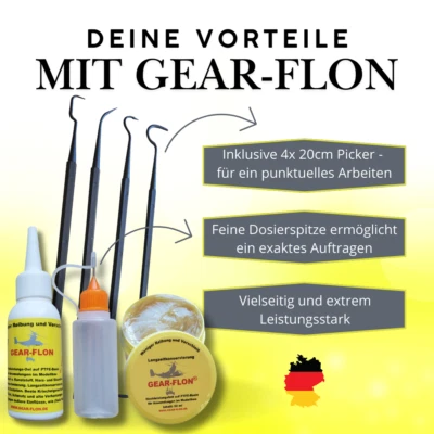 GEAR-FLON Set Modellbau Hochleistungsöl-Fett mit PTFE 100ml plus Dosierflasche u. 4 Picker
