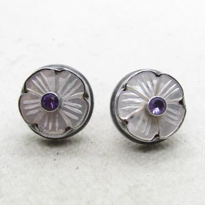 Sterling Silver 925 Amethyst & Mother of Pearl Flower Post Stud Earrings K4874 - Picture 1 of 4