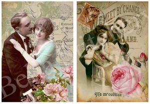 Victorian Romance Postcards #3 - Set of TWO 5x7 Quilt Craft Cotton Fabric Blocks - Picture 1 of 1