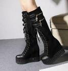 Chic Gothic Womens Wedge Platform Heels Knee High Boot Fashion Lace Up Shoes