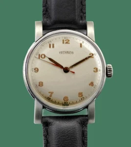 Vintage 1940s TECHNOS Military Dial Unusual Lugs 34mm Men's Swiss Made Watch - Picture 1 of 6