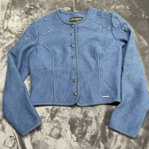 Cardigan Geiger Tirolo Austria lana bollita maglia ritagliata maglione giacca 42 blu - Foto 1 di 5