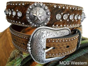 Nocona Western Mens Belt Leather Calf Hair Rhinestones Studded Brown N2465837 - Picture 1 of 2