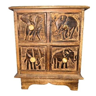 Wood Tabletop 12” Miniature Chest Of Drawers Organizer Carved Elephants w/Knobs - Image 1 of 4