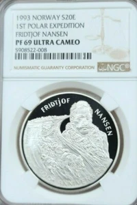 1993 NORWAY SILVER 20 ECU 1ST POLAR EXPEDITION NGC PF 69 ULTRA CAMEO SCARCE COIN - Picture 1 of 4