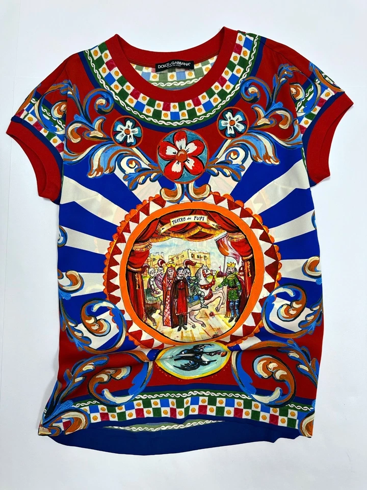 Dolce & Gabbana Mujer Top Blusa de Seda Camiseta Vibrante Teatro Pupi Talla 36 IT/XS Foto 1 de 4