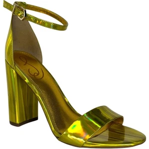Sam Edelman Yaro Patent Leather Block Heel Sandals Neon Yellow Iridescent Sz 7M - Picture 1 of 16
