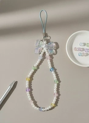 Blue 💙 Bow Beaded Phone Strap Lanyard Pearl Wristlet Charm Cute Womens Gift  - Image 1 of 4