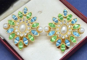 Vintage Earrings 1980s Large Blue & Green Crystal Faux Pearl Goldtone Jewellery - Picture 1 of 7