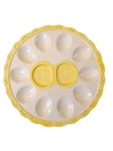 Vintage Enesco Deviled Egg Plate Platter Ceramic Yellow Farmhouse Kitchen 9" - Picture 1 of 8