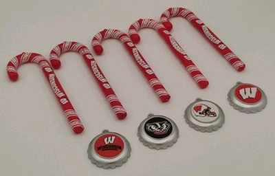 Wisconsin Badgers Candy Cane, Bottle Cap Christmas Ornaments, Lot Of 9 - Image 1 of 4