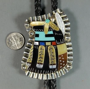 Zuni BOLO TIE Long Hair Rain Kachina Dancer inlay Philander Gia - Picture 1 of 8