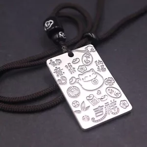 Pure 999 Fine Silver Men Women Lucky Coin Flower Rich Cat Square Pendant 18.1g  - Picture 1 of 5