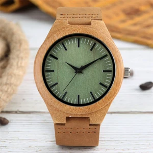 Handmade Wooden Quartz Wrist Watch Mens Creative Wood Dial Bamboo Leather Strap - Picture 1 of 10