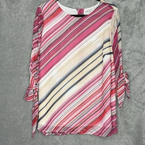Pale Sky 1X Shirt Top Pink Tan Striped Sheer 3/4 Sleeve Scoop Neck Womens - Picture 1 of 9
