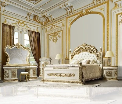 Cama King Oriental Estilo Clásico Antiguo Acabado Madera Maciza Blanco y Dorado Foto 1 de 4