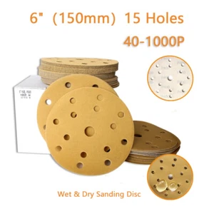 6"(150mm)15 Holes Flocked Yellow Sanding Disc Self-adhesive Sandpaper 40-1000P - Picture 1 of 5