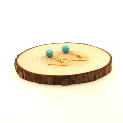 Ohrringe 1 Perle Howlith Türkis 8 MM aus Edelstahl Golden - Bild 1 von 2