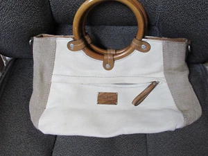 ""RELIC BRAND - IVORY & KHAKI CANVAS PURSE"" - WOODEN HANDLES - Picture 1 of 2