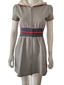 New Free People Hooded Sweatshirt Zipper Dress Gray / Blue & Red Trim Sz Small - Picture 1 of 9