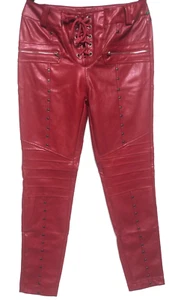NWOT Womens Faux Leather Jeans Burnt red pants Sz L skinny string front studs - Picture 1 of 13