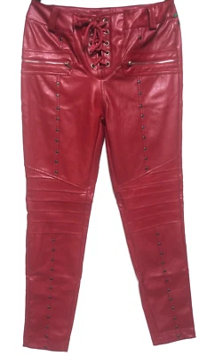 Pantalones de mezclilla de cuero sintético para mujer nuevos sin etiquetas pantalones rojos quemados talla L cuerda delgada tachuelas delanteras Foto 1 de 4