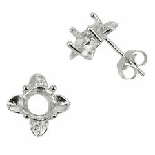Quatrefoil Stud Earrings Settings with CZ's and Round Prongs Mounting in Sterlin
