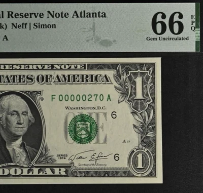1974 $1 Federal Reserve Note PMG 66EPQ gem birthday low serial number 00000270 - Image 1 of 3