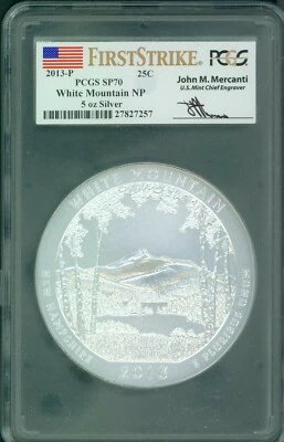 2013-P WHITE MOUNTAIN NP ATB 5 Oz SILVER PCGS SP70 John Mercanti FIRST STRIKE FS - Image 1 of 4