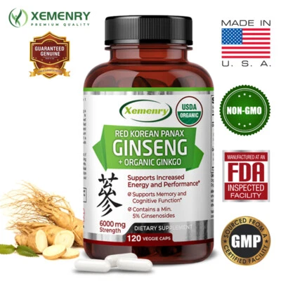 XEMENRY Red Korean Panax Ginseng+Organic Ginkgo -Testosterone Booster,Energy & Endurance