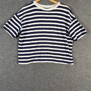 Uniqlo Shirt Womens XL Blue White Top Tee Striped Cropped Crew Neck Nautical Z21 - Picture 1 of 12