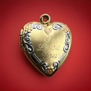 Vintage Gold Tone Tricolored Heart Photo Locket Pendant Engraved I Love You - Picture 1 of 6