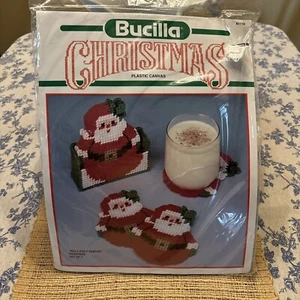 Vintage Bucilla Christmas Plastic Canvas Kit Coasters & Holder Roly Poly Santa - Picture 1 of 3