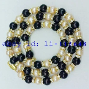 Natural 7-8mm Pink Freshwater Pearl &8mm Black Agate Round Beads Necklace 20 In - Picture 1 of 3