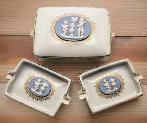 ​3-teiliges Porzellan Waschtisch Set Jasperware Stil Cherub Schmuckkästchen Aschenbecher - Bild 1 von 10