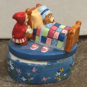 Vintage Emaille Porzellan Story Tales Goldie Schlösser großer böser Wolf Bettdeckel Schmuckschatulle - Bild 1 von 6