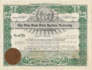 1920 The Ohio State Delta Upsilon Fraternity Stock Certificate University OH - Imagen 1 de 2
