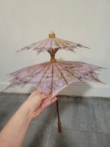 Vintage Asian Parasol Umbrella 2 Double Tier Wide Oriental Bamboo Purple  - Picture 1 of 24