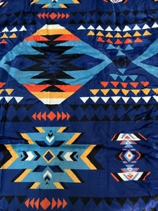 Native American Style 2 Ply Plush Reversible Blanket Size Queen Nice Navy Blue - Picture 1 of 6