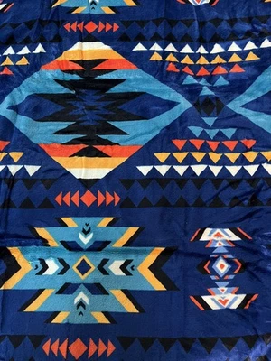Native American Style 2 Ply Plush Reversible Blanket Size Queen Nice Navy Blue - Image 1 of 4