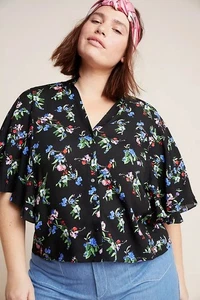 Anthropologie Maeve Aveiro Black Flutter Sleeve Floral Blouse Size 2X - Picture 1 of 13