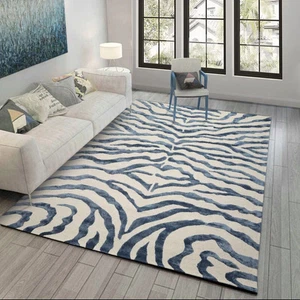 Multi Sizes Handmade Wool & Faux Silk Animal Print Zebra Area Rug Ivory Blue - Picture 1 of 7