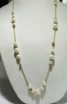 复古 J Crew 人造珍珠水钻珠 35 英寸金色链长项链 — 第 1/4 张图片